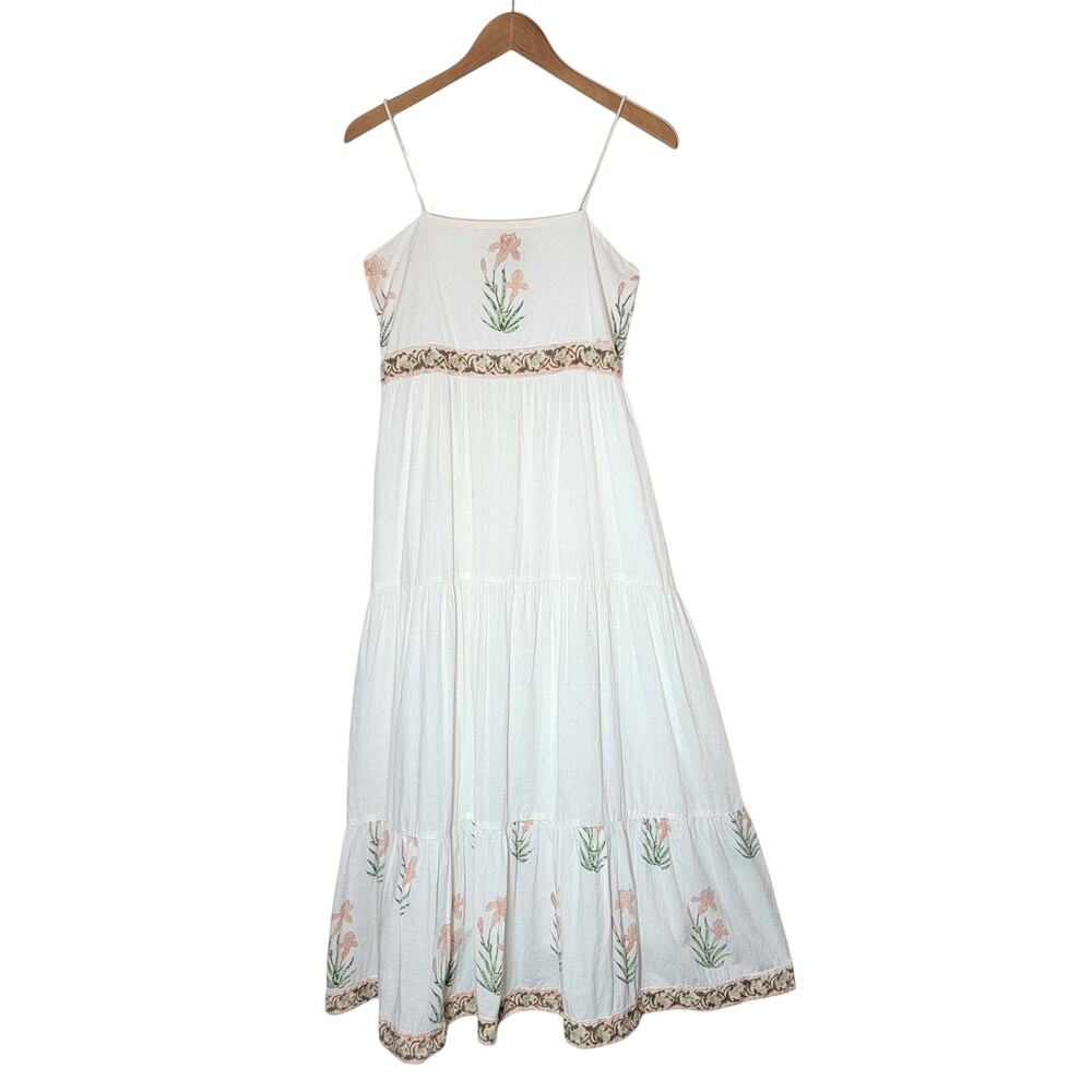 Madison Mathews White Cotton Embroidered Maxi Dress Boho Ruffled Hem L - Picture 6 of 16